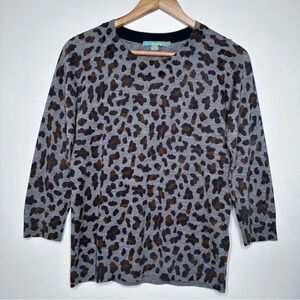 Boden Leopard Print 100% Wool 3/4 Sleeve Crewneck Sweater Size 8